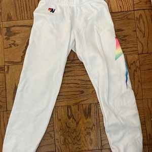 Aviator Nation Bolt Sweatpants in White/Rainbow Pink